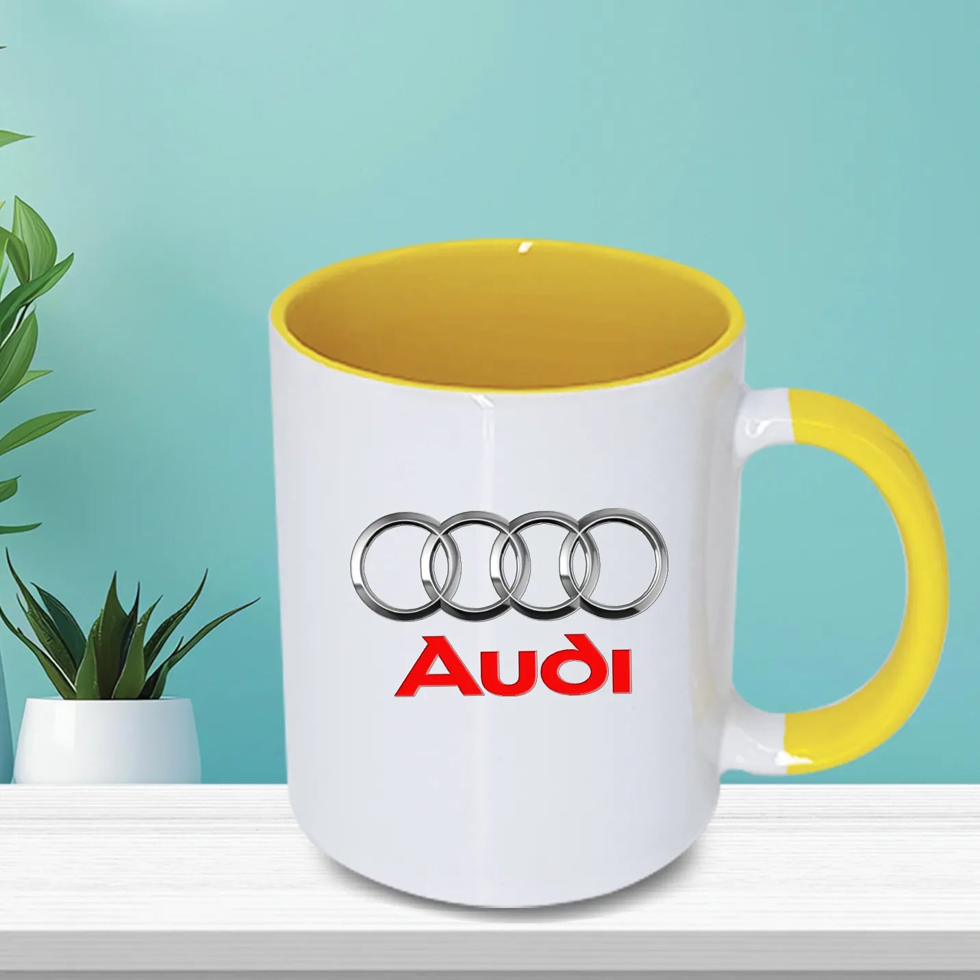 Deluxe White Sublimatable Ceramic Mugs with Yellow Handle Img 1